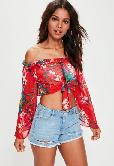 missguided red beach cover up knotted crop top – bardot tops – off the shoulder – summer fashion - flipped