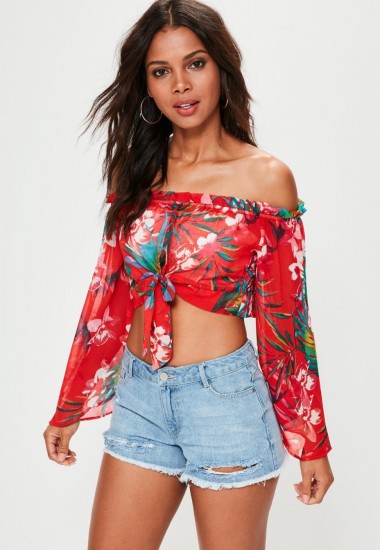 missguided red beach cover up knotted crop top – bardot tops – off the shoulder – summer fashion