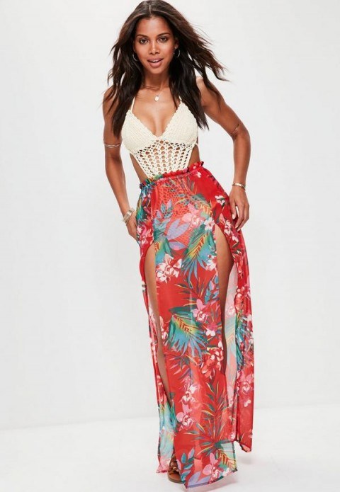 missguided red printed beach cover up maxi skirt – long holiday skirts – summer fashion - flipped