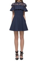 $279.00 Self Portrait Hudson Lace-Yoke Cotton Poplin Mini Dress Navy