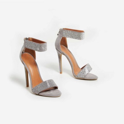 EGO Sienna Crystal Strap Heel In Grey Faux Suede, statement high heels, going out shoes, glamour, luxe - flipped