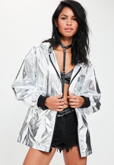 Missguided silver hooded festival rain mac jacket ~ metallic macs ~ festival jackets - flipped
