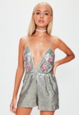 missguided silver multi strap sequin embroidered playsuit ~ strappy sequinned plunge front playsuits ~ glamour & glitz
