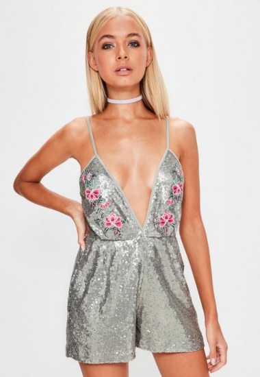 missguided silver multi strap sequin embroidered playsuit ~ strappy sequinned plunge front playsuits ~ glamour & glitz - flipped