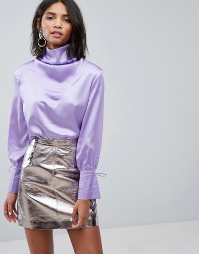 Sister Jane Drapey Blouse In Satin ~ lilac high neck blouses - flipped