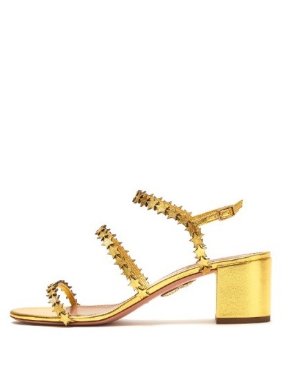 AQUAZZURA Starlight block-heel leather sandals – gold strappy block heel shoes - flipped