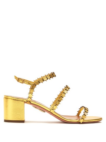 AQUAZZURA Starlight block-heel leather sandals – gold strappy block heel shoes