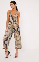 TAMRA MULTI PRINTED SATIN CULOTTE JUMPSUIT ~ strappy jumpsuits ~ cropped leg ~ going out evening fashion