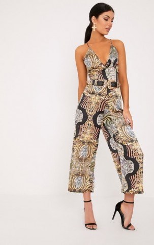TAMRA MULTI PRINTED SATIN CULOTTE JUMPSUIT ~ strappy jumpsuits ~ cropped leg ~ going out evening fashion - flipped