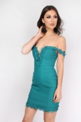 Rare Teal Crochet Trim Bardot Dress – fitted off the shoulder party dresses