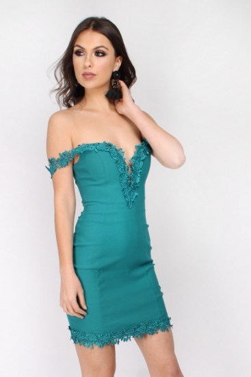 Rare Teal Crochet Trim Bardot Dress – fitted off the shoulder party dresses - flipped