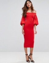 TFNC Off Shoulder Midi Dress With Blouson Sleeve – red off the shoulder party dresss – evening bardot fashion