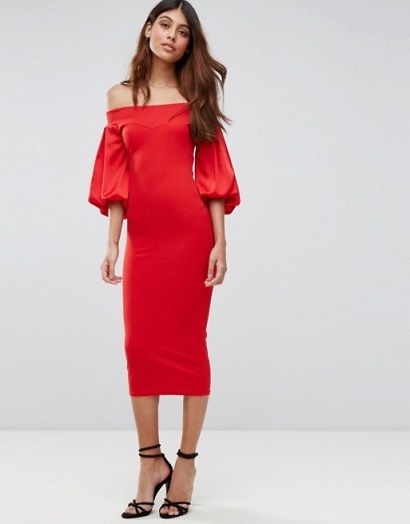 TFNC Off Shoulder Midi Dress With Blouson Sleeve – red off the shoulder party dresss – evening bardot fashion - flipped