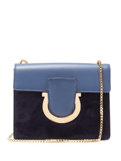 SALVATORE FERRAGAMO Thalia leather and suede cross-body bag ~ stylish blue bags - flipped