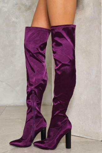Nasty Gal That’s Rich Over-the-Knee Satin Boot – purple high heeled boots - flipped