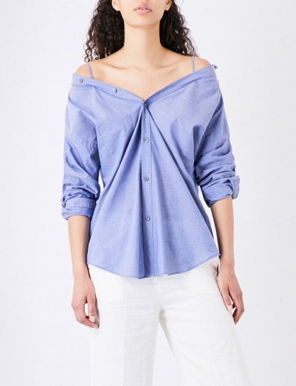 THEORY Tamalee cotton shirt | indigo blue bardot shirts - flipped