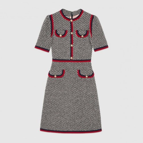 Catherine Duchess of Cambridge Tweed dress with Web by GUCCI, visiting the Victoria and Albert Museum in London, 29 June 2017. Kate Middleton fashion | royal dresses | celebrity style clothing - flipped