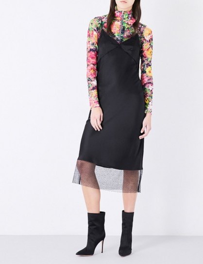 WALK OF SHAME Lace-trim silk-satin slip dress. Black silky cami dresses | thin strap fashion | spaghetti straps | strappy - flipped