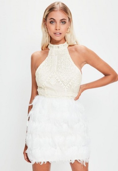 missguided white high neck lace feather hem bodycon dress ~ luxe style party dresses - flipped
