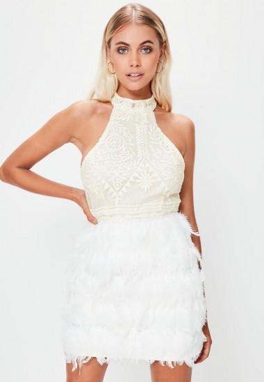 missguided white high neck lace feather hem bodycon dress ~ luxe style party dresses