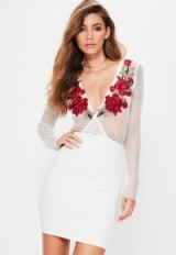 Missguided white long sleeve fishnet floral applique bodycon dress ~ plunge front party dresses ~ evening fashion