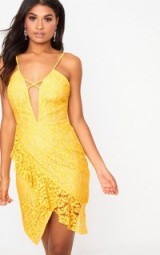 Pretty Little Thing YELLOW LACE STRAPPY FRILL DETAIL BODYCON DRESS – plunge front party dresses