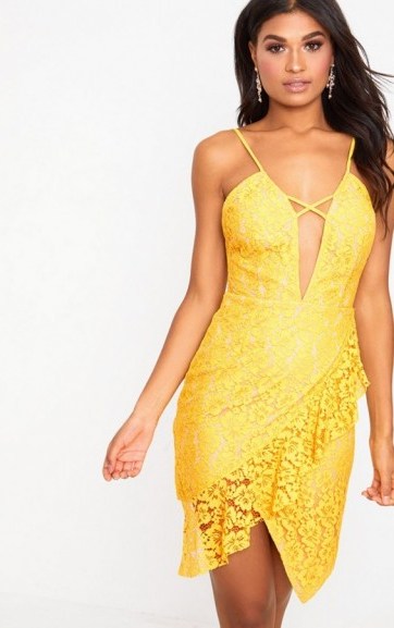 Pretty Little Thing YELLOW LACE STRAPPY FRILL DETAIL BODYCON DRESS – plunge front party dresses - flipped