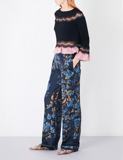 ALBERTA FERRETTI Floral-print relaxed-fit silk-satin trousers | navy-blue silky pants - flipped