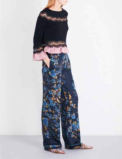ALBERTA FERRETTI Floral-print relaxed-fit silk-satin trousers | navy-blue silky pants