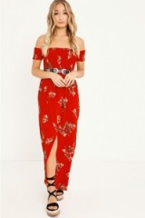 in the style ALEXISS RED FLORAL SHIRRING BARDOT MAXI SPLIT DRESS – summer off the shoulder dresses