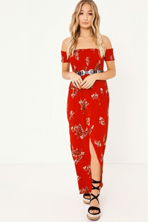 in the style ALEXISS RED FLORAL SHIRRING BARDOT MAXI SPLIT DRESS – summer off the shoulder dresses - flipped