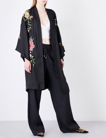 ALICE & OLIVIA Lupe satin kimono jacket ~ black floral embroidered kimonos - flipped