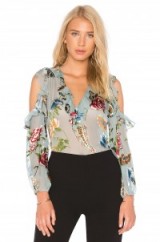 Alice + Olivia GIA TOP | ruffled floral print cold shoulder tops | ruffle blouses