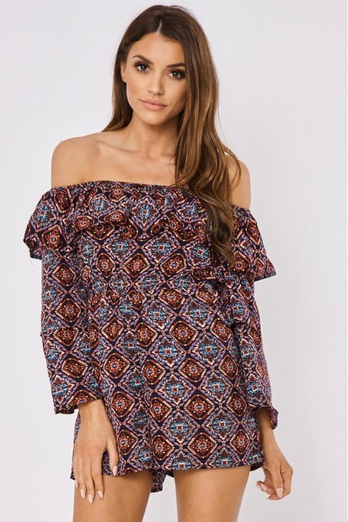 in the style ALISANNE NAVY MOSAIC PRINT BARDOT FRILL PLAYSUIT – off the shoulder playsuits - flipped
