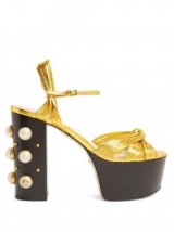 GUCCI Allie embellished-heel platform sandals ~ gold metallic platforms