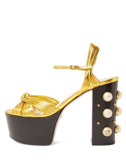 GUCCI Allie embellished-heel platform sandals ~ gold metallic platforms - flipped