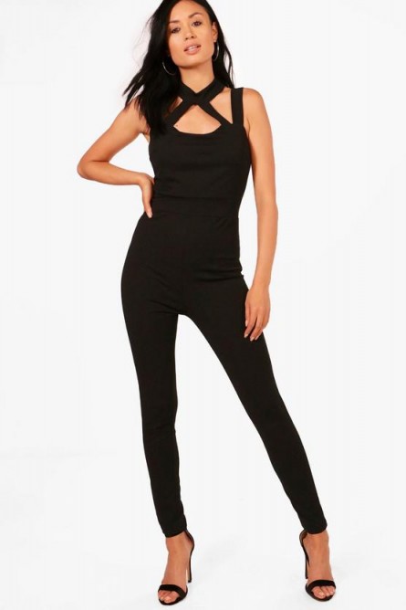 boohoo Andrea Choker Style Skinny Leg Jumpsuit – black going out jumpsuits