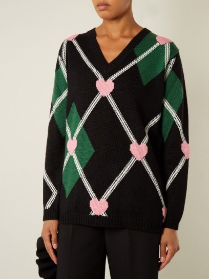 MSGM Argyle-intarsia wool-blend heart sweater ~ V-neck sweaters ~ knitwear - flipped