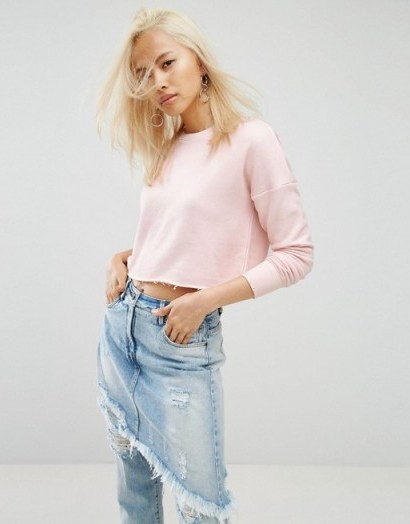 Arrive Cropped Raw Edge Sweat with Rip Detailing ~ pink sweatshirts - flipped