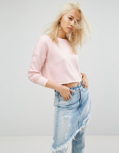 Arrive Cropped Raw Edge Sweat with Rip Detailing ~ pink sweatshirts