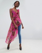 ASOS Asymmetric Cami with Ruffle in Bright Pink Floral | ruffled tops