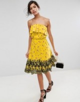 ASOS Bandeau Midi Dress with Broderie Hem in Ditsy Print – yellow strapless summer dresses – floral sundress