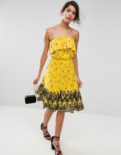 ASOS Bandeau Midi Dress with Broderie Hem in Ditsy Print – yellow strapless summer dresses – floral sundress - flipped
