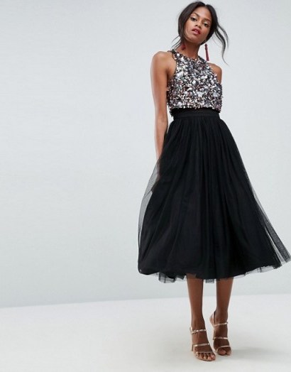 ASOS Cluster Embellished Crop Top Tulle Midi Dress – party dresses - flipped