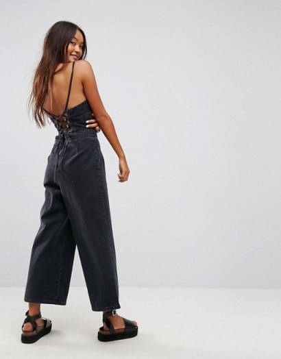 ASOS Denim Jumpsuit With Lace Up Back in Washed Black - flipped