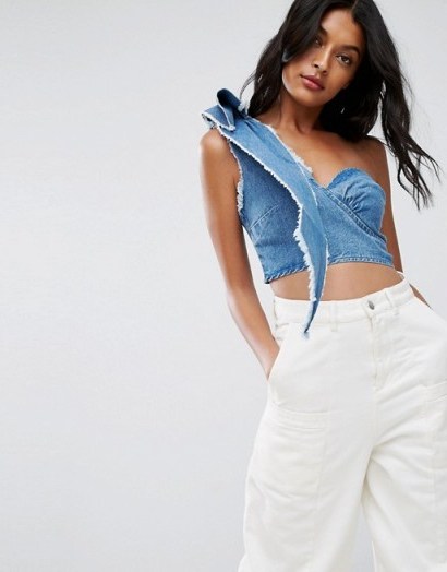 ASOS Denim One Shoulder Crop Top With Raw Edges - flipped