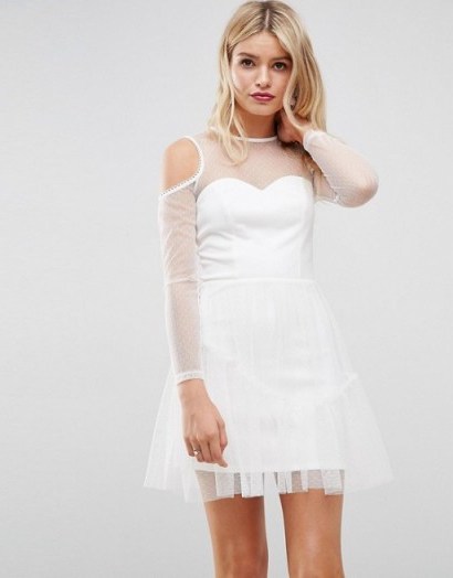 ASOS Dobby Mesh Skater With Cold shoulder Dress ~ ivory party dresses - flipped