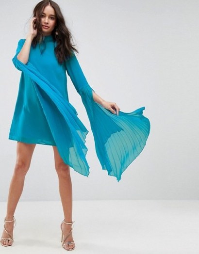 ASOS Dramatic Pleated Sleeve Mini Shift Dress ~ sheer sleeved turquoise dresses - flipped