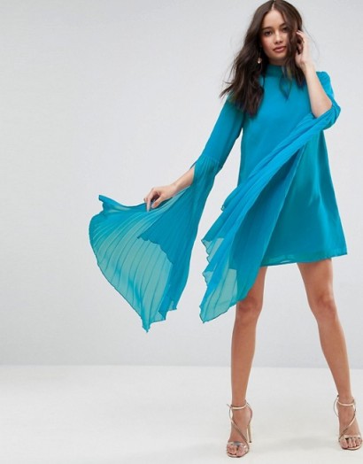 ASOS Dramatic Pleated Sleeve Mini Shift Dress ~ sheer sleeved turquoise dresses