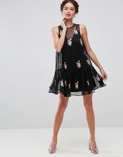 ASOS Embellished Dolly Mesh Smock Mini Dress ~ black floral party dresses - flipped
